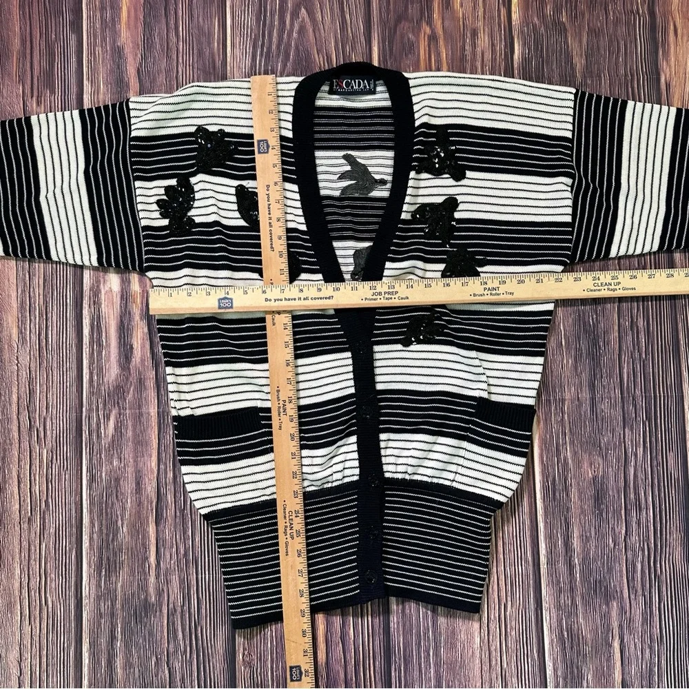 Vintage Escada Margaretha Ley Cardigan 38 US 8 Black Off‎ White Striped Sequin